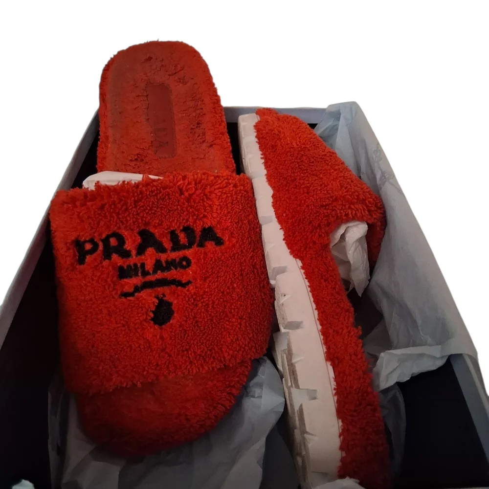 Prada Milano Red Fuzzy Slides - Picture 2 of 9